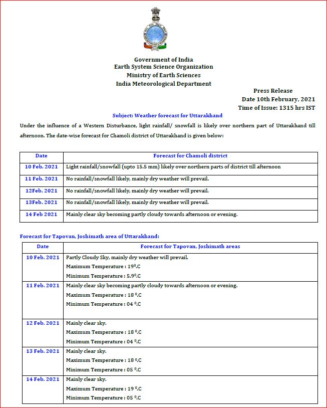 Meteorological center issues snowfall warning in Chamoli