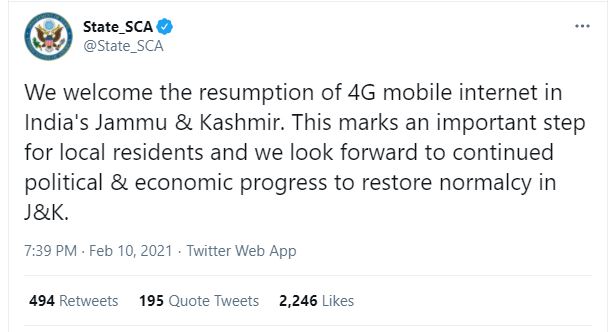 Welcome Resumption of 4G Mobile Internet Services in J&K: US State Department