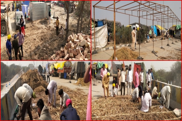 Farmers build structures at Haryana border