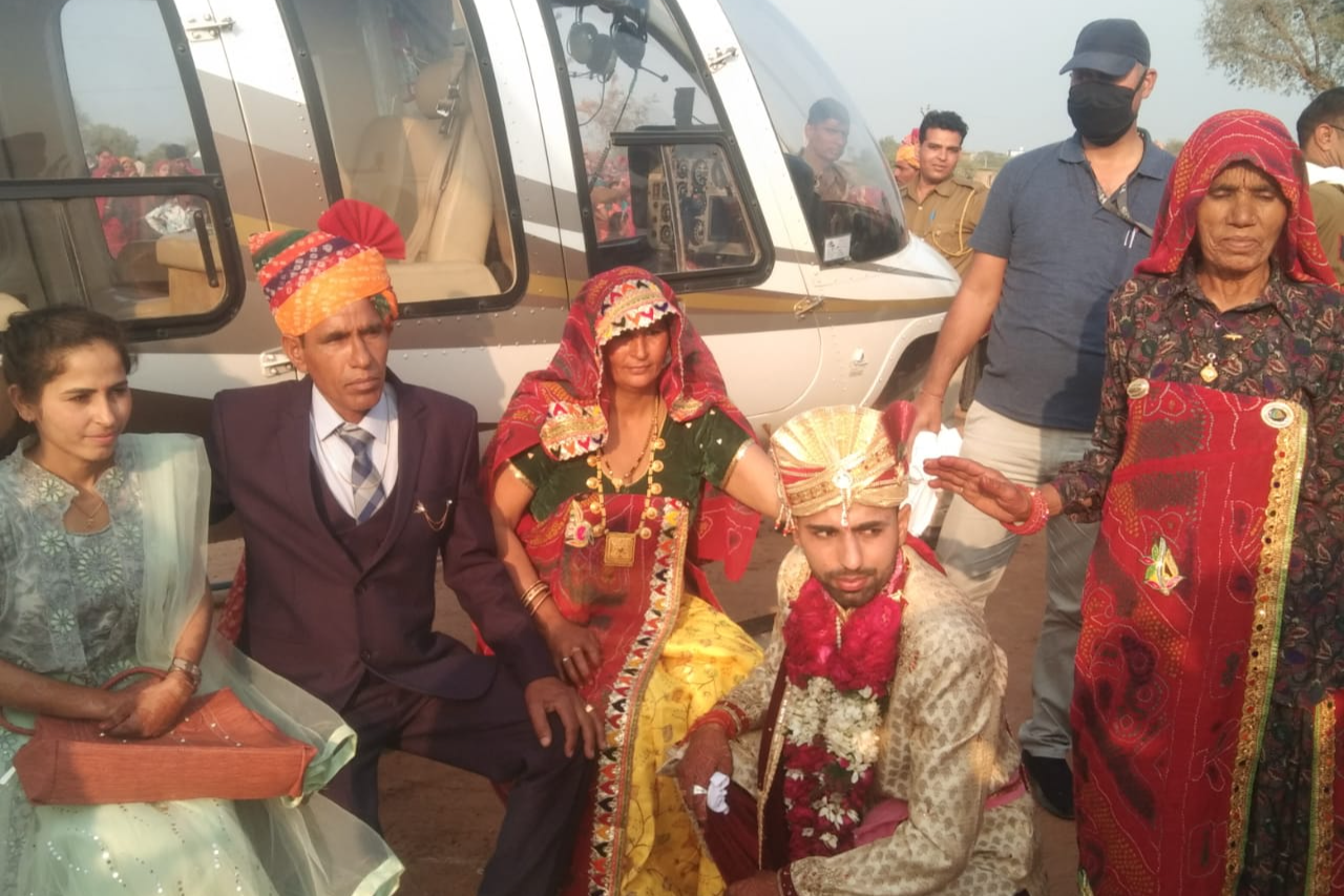 groom took the helicopter, unique wedding in neemkathana sikar