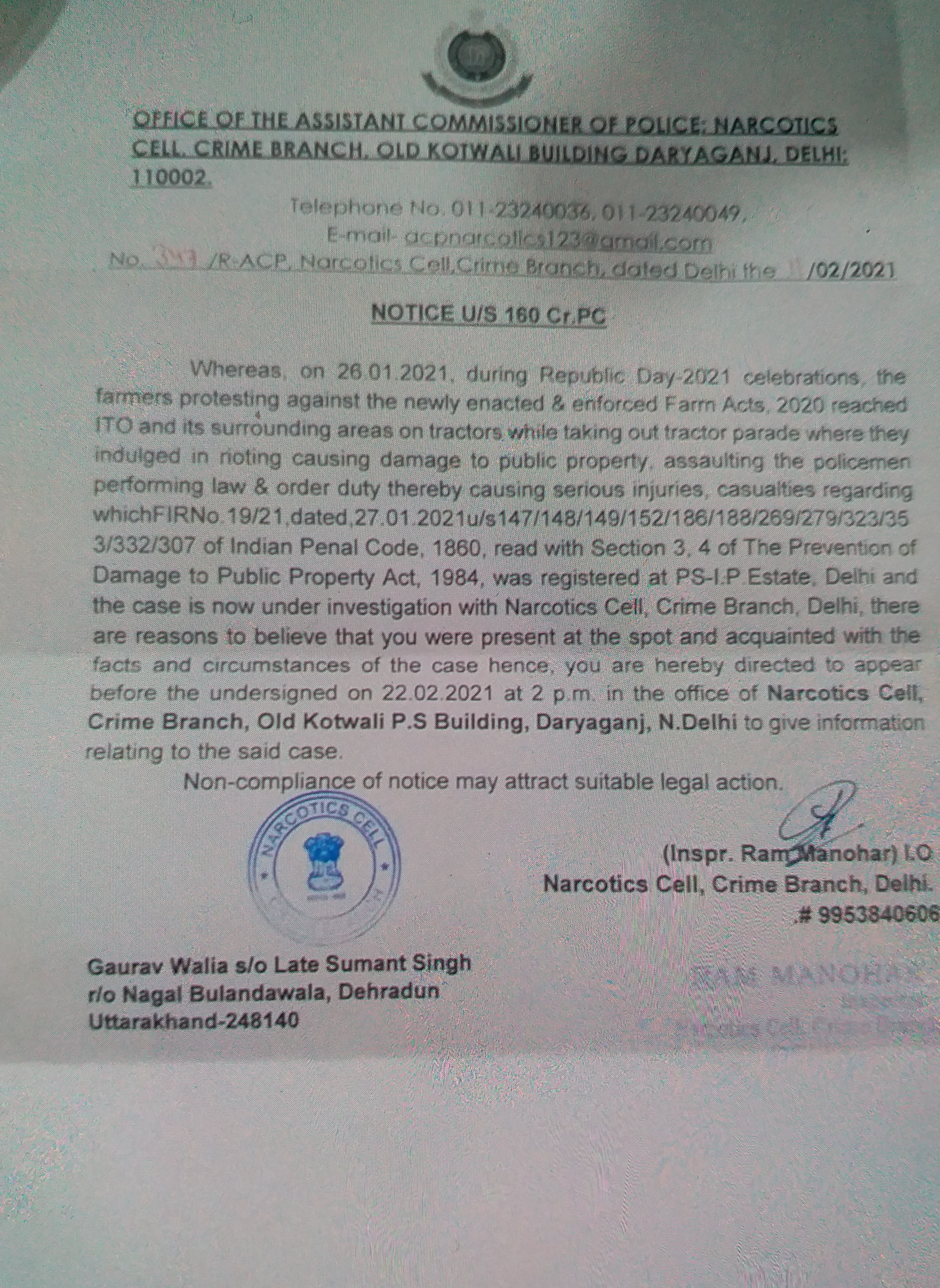 delhi police issue notice