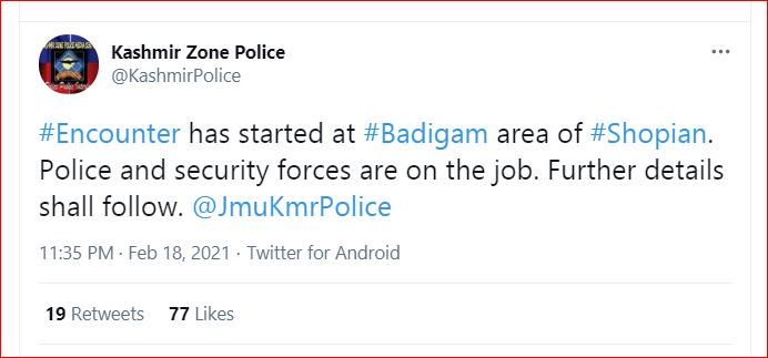 encounter has started at badigam area of shopian