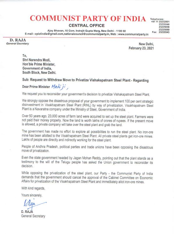 cpi-general-secretary-d-raja-letter-to-pm-modi-over-vizag-steel-plant-privatization