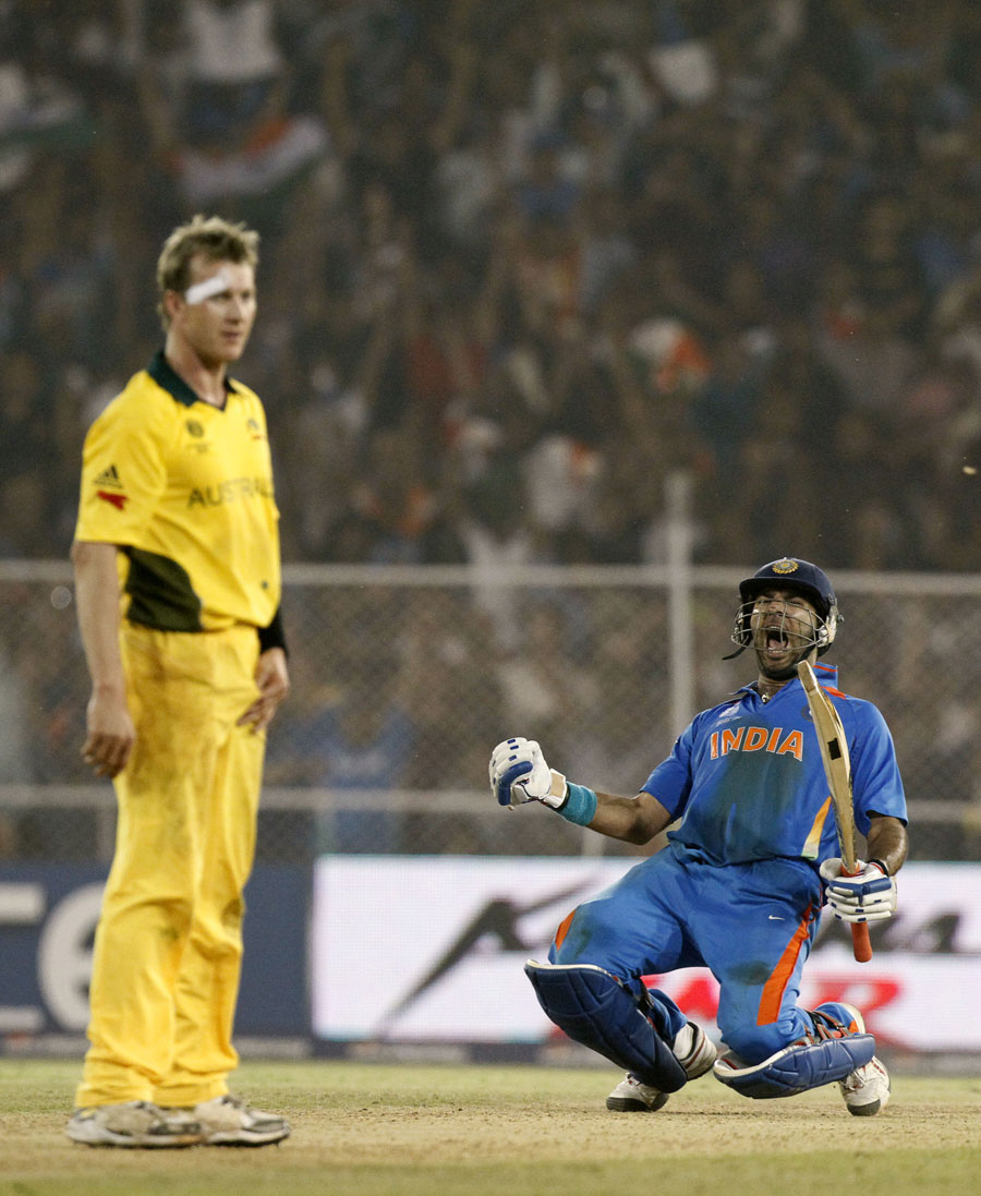 Yuvraj Singh celebrates after hitting winning run against Australia in 2011 World Cup quarterfinal
