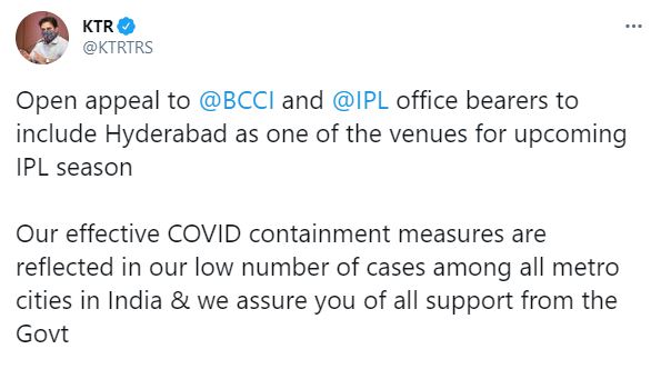 KTR appeals to BCCI