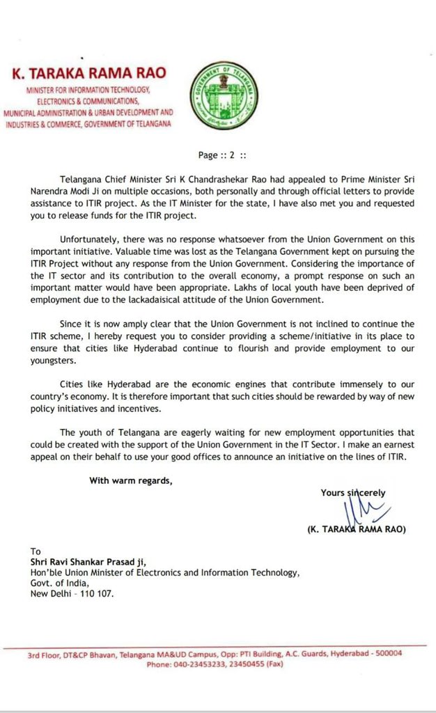 Minister KTR write a letter to Union IT Minister Ravi Shankar Prasad