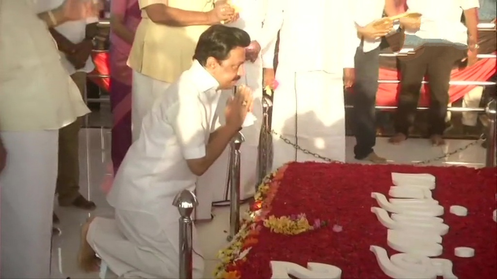 Tamil Nadu: DMK president MK Stalin pays floral tribute to his father & former CM M Karunanidhi