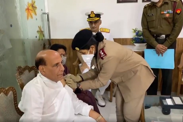 Defence Minister Rajnath Singh takes Covid jab