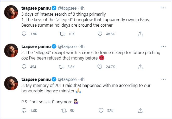 Taapsee Pannu's tweets on IT raids