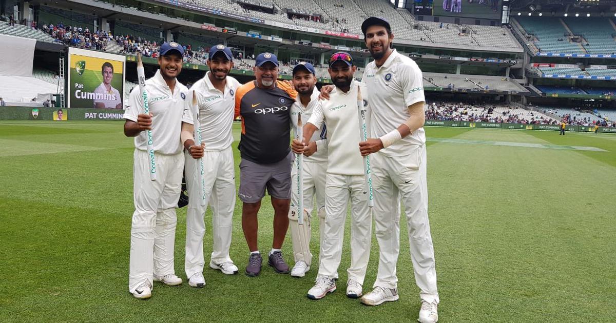 Indian cricketers with bowling coach Bharat Arun.