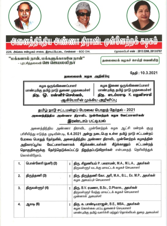 assembly election 2021 live updates, tamilnadu assembly election 2021, தமிழ்நாடு சட்டப்பேரவைத் தேர்தல் 2021, தமிழ்நாடு சட்டசபைத் தேர்தல் 2021, தமிழ்நாடு சட்டமன்றத் தேர்தல் 2021, அதிமுக, திமுக, அமமுக, பாமக, தேமுதிக, காங்கிரஸ், பாஜக, நாம் தமிழர், மக்கள் நீதி மய்யம், கம்யூனிஸ்ட், தமிழக வாழ்வுரிமை கட்சி, வேல்முருகன், ஸ்டாலின், பழனிசாமி, dmdk, admk, dmk, pmk, vck, congress, bjp, விடுதலை சிறுத்தைகள் கட்சி, விசிக, naam tamilar, makkal needhi maiam, ஓபிஎஸ், ஈபிஎஸ், ஸ்டாலின், கமல் ஹாசன், திருமாவளவன், சீமான், seeman, kamal hassan, stalin, ops, eps, party alliance, கூட்டணிக் கட்சிகள், தேர்தல் பரப்புரை, தேர்தல் பிரச்சாரம், தேர்தல் வாக்குறுதிகள், tamil nadu election date 2021, dmk candidate list 2021, aiadmk candidate list, aiadmk alliance 2021, naam tamilar katchi candidate list 2021, naam tamilar katchi kolgai, தேர்தல் அறிக்கை 2021, election manifesto 2021, அமமுக, தமிமுன் அன்சாரி, கருணாஸ், டிடிவி தினகரன், அம்மா மக்கள் முன்னேற்ற கழகம், amma makkal munnetra kazhagam, ஓவைசி, ஏ ஐ எம் ஐ எம், aimim, தேமுதிக தேர்தல் சின்னம் கொட்டும் முரசு