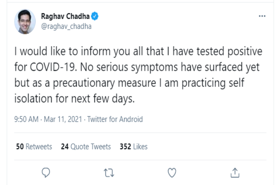 raghav chadha tested corona positive