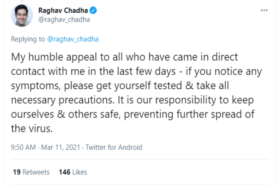 raghav chadha tested corona positive