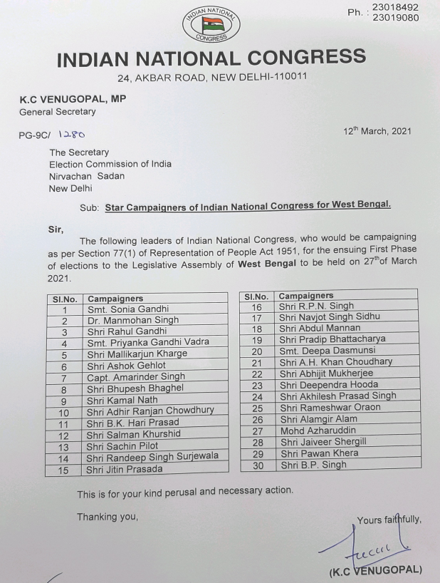 Congress releases 30 star campaigners' list for West Bengal