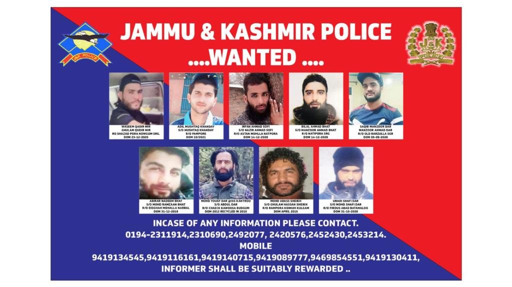 JK Police releases names of 9 wanted militants, announces reward