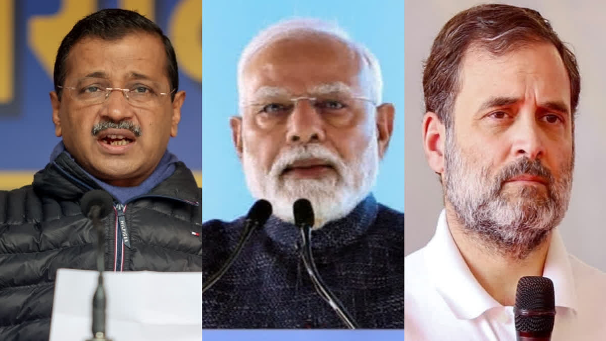 AAP Supremo Kejriwal (left), PM Modi (middle), LoP Rahul Gandhi (right)