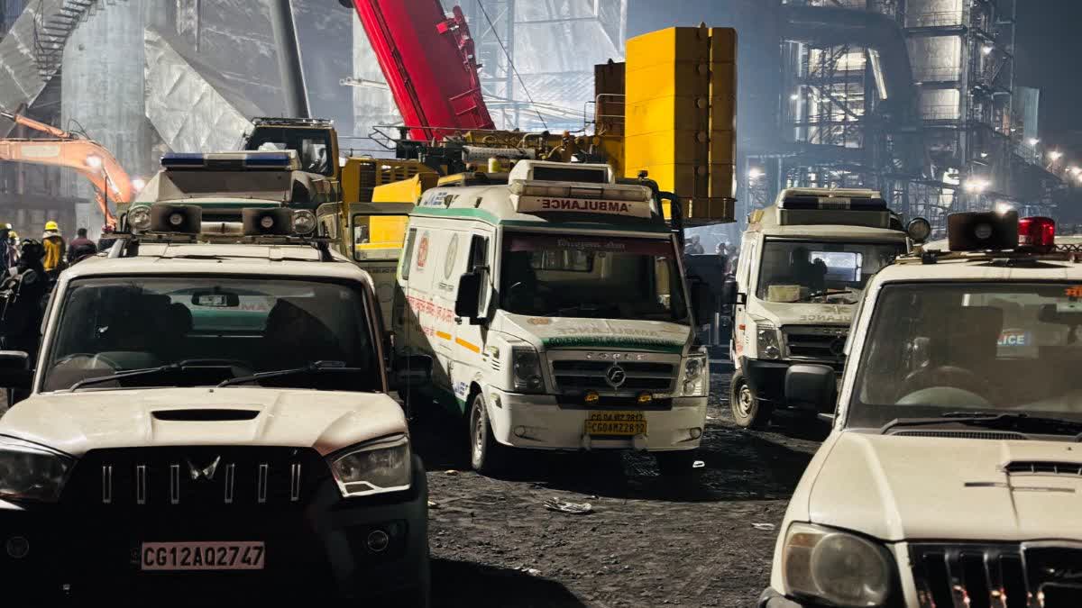 Ambulances on standy at the silo collapse site in Mungeli, Chhattisgarh