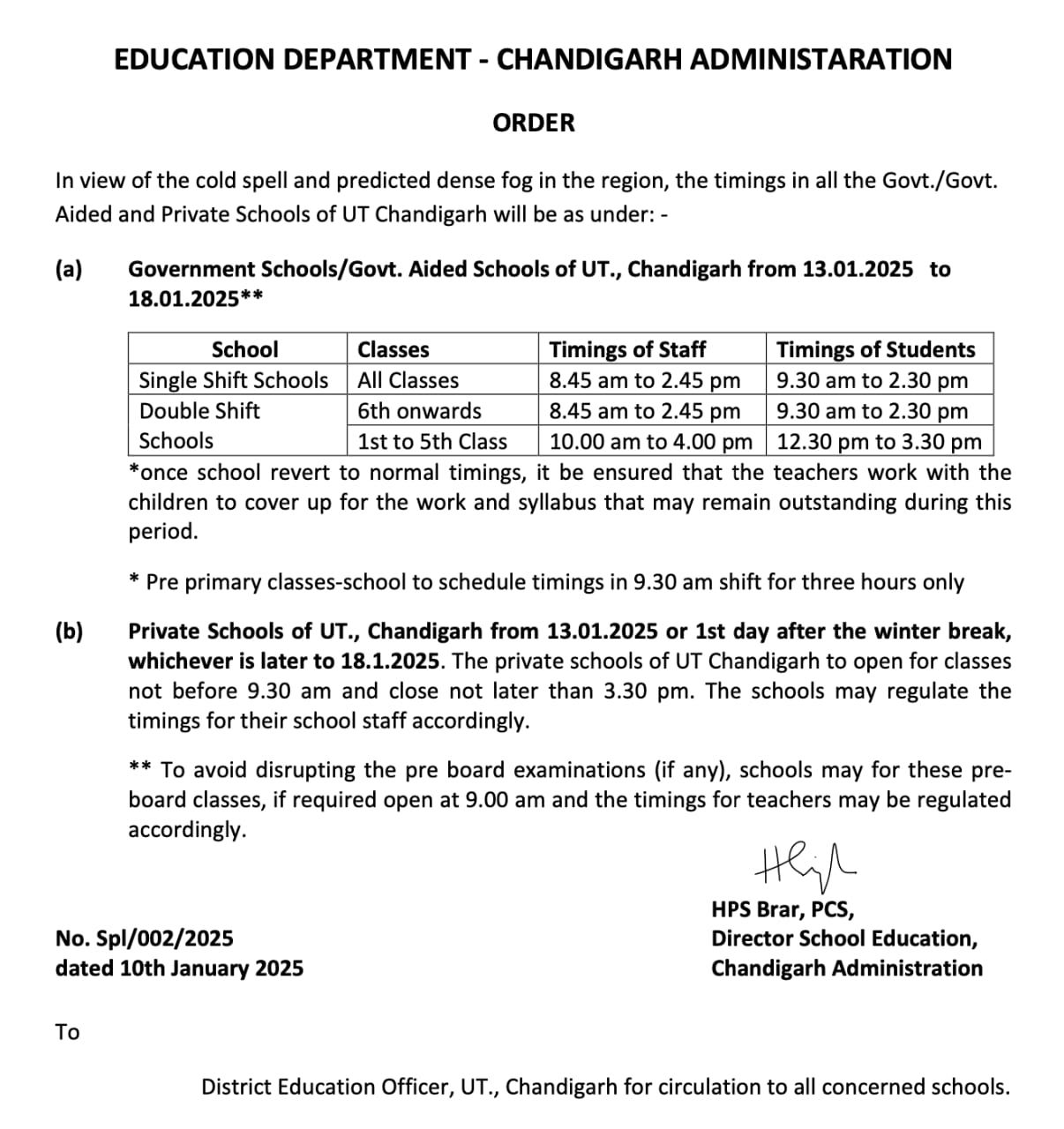 Timings of Chandigarh schools changed due to increasing cold