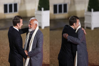 Prime Minister Narendra Modi was greeted with a hug by French President Emmanuel Macron