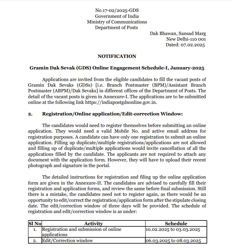 Karnataka Postal Circle Recruitment for Gramin Dak Sevak post