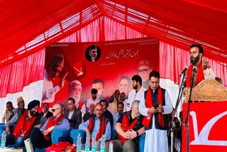 Aga Ruhullah (R), NC canidate for Srinagar Lok Sabha seat during a rally in Kashmir