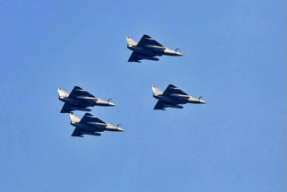 The Indian Air Force (IAF) contingent of four Tejas fighter jets during the full dress rehearsal for the Republic Day Parade 2024, at Kartavya Path, in New Delhi .