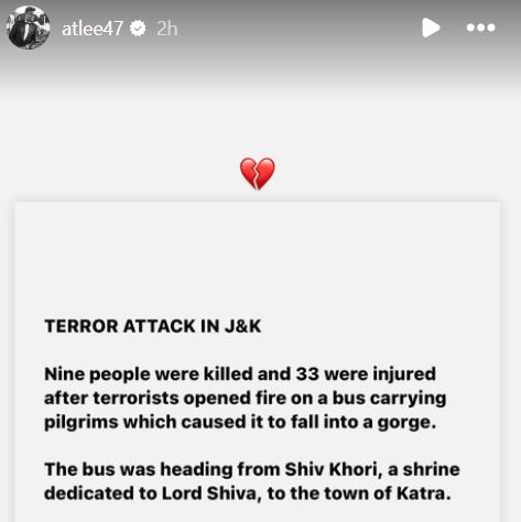 After the harrowing terror strike on pilgrims in Reasi, celebrities have been pouring out their grief and denouncing the brutal attack. The latest to speak out against the Reasi terror strike are Ali Bhatt, Atlee, and Hina Khan.