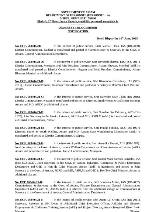 RESHUFFLE OF ASSAM ADMINISTRATION