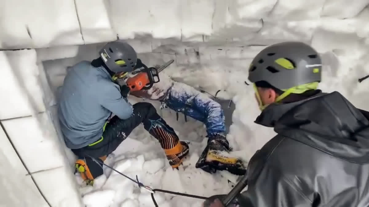 High Altitude Warfare School (HAWS) mountaineers recover the mortal remains of their fallen comrades, who fell in the crevasse and got buried under a large volume of snow in the avalanche that occurred during the 38-member mountaineering expedition in July 2023.