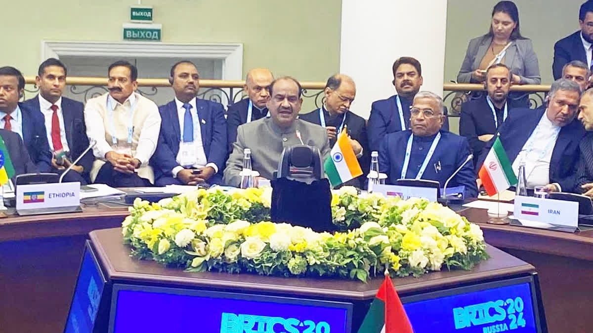 Lok Sabha Speaker Om Birla addressing 10th BRICS Parliamentary Forum in St. Petersburg in Russia on Thursday.