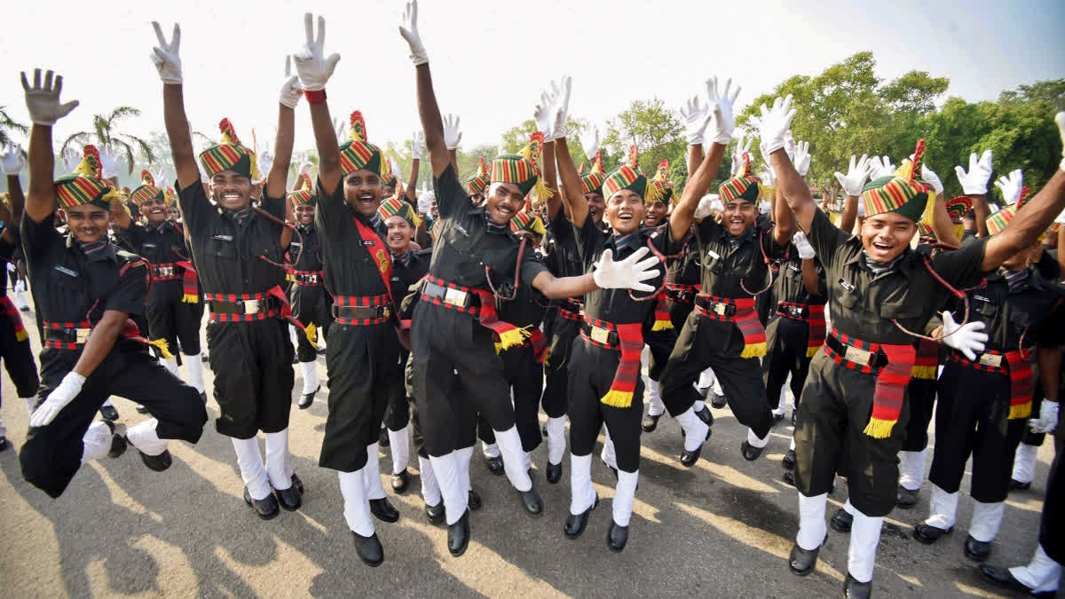 The 3rd batch of Agniveer soldiers jubilate after the passing out parade at Gaur Drill Ground, BRC, Danapur in Patna on June 4, 2024.
