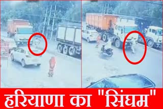 Haryana real Singham risked his life to stop overloaded truck incident captured in CCTV in Palwal