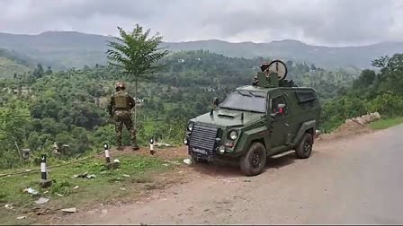 Security personnel conduct a search operation after a bullet-firing incident outside Army Camp, in Rajouri on Sunday.