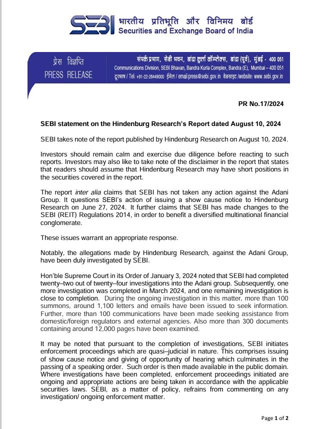 SEBI ON HINDENBURG REPORT