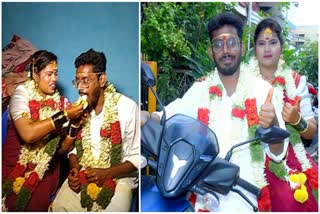 karnataka-bride-attends-exam-After-marriage-in-wedding-dress-groom-drops-her-to-exam-center
