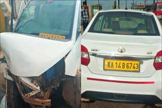 CAR COLLIDES WITH TOLL DIVIDER  CAR ACCIDENT IN HUBLI  ROAD ACCIDENT  DHARWAD