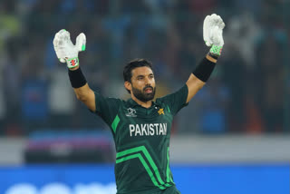 Mohammed Rizwan celebrates after the Pakistan's win in Hyderabad on Tuesday