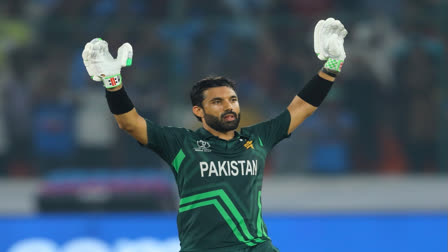 Mohammed Rizwan celebrates after the Pakistan's win in Hyderabad on Tuesday