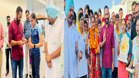 Gold medal winning archer Praneet Kaur was welcomed by Punjab Sports Minister Gurmeet Singh Meet Heiran at Mohali Airport.