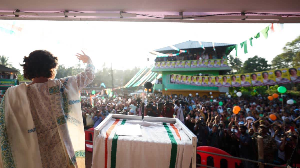 UDF nominee Priyanka Gandhi Vadra waves at suppoters at Sultan Bathery in Wayanad on Sunday.