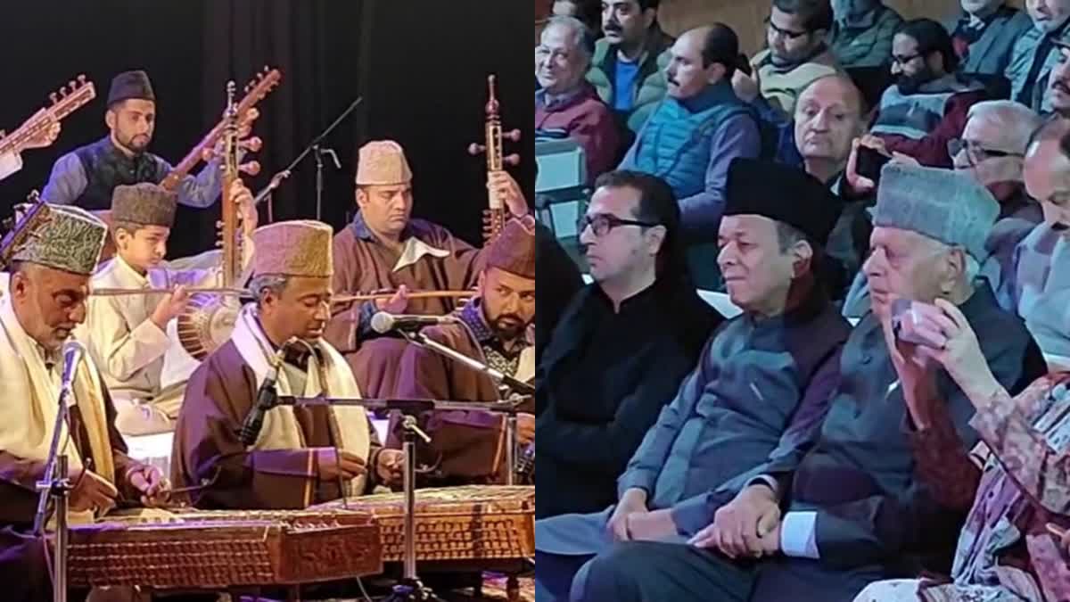 Former J&K CM Farooq Abdullah (R) alongside Speaker Abdul Rahim Rather enjoy musical event 'Shash Rang' at Tagore Hall in Srinagar, Jammu and Kashmir on Monday, November 11, 2024. The event was organized by the Jammu and Kashmir Academy of Art, Culture, and Languages in collaboration with the Kashmir Music Club