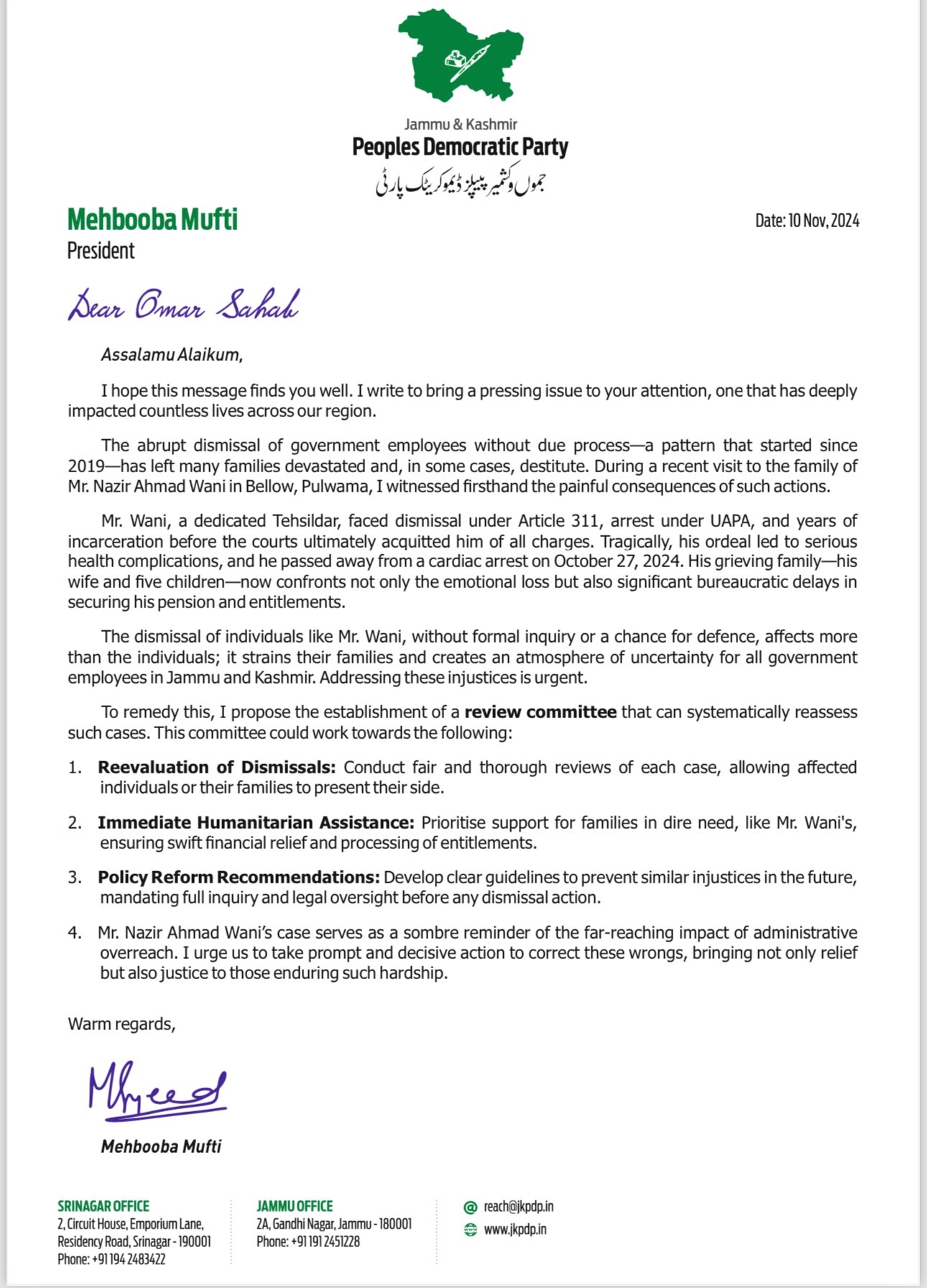 Mehbooba Mufti letter to CM Abdullah