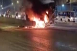 moving mixer truck catches fire on Borivali western express highway