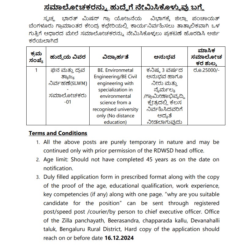 Consultant Job in Bangalore Zilla panchayat