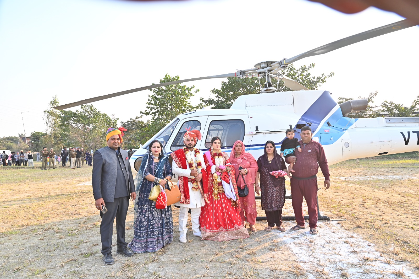 In Bhamboli village, the groom is ready with a helicopter for his farewell after the wedding