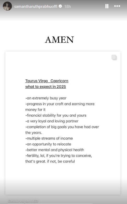 Samantha Ruth Prabhu, who is juggling multiple challenges and opportunities at once, gave her followers a glimpse of what 2025 holds for her.