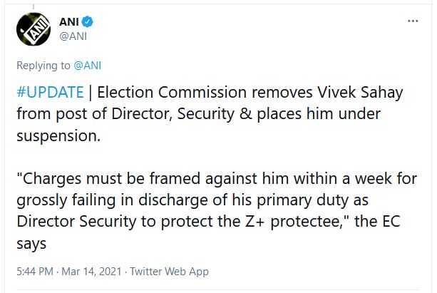 NAT-HN-ECI removes Vivek Sahay in WB-14-03-2021-ANI-Desk