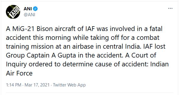 NAT-HN-MiG-21 Bison aircraft of IAF Crashed-17-03-2021-ANI-Desk