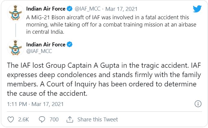 IAF captain dies in MiG-21 Bison crash