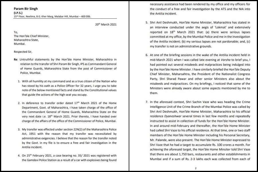 Param Bir Singh's letter to Uddhav Thackeray